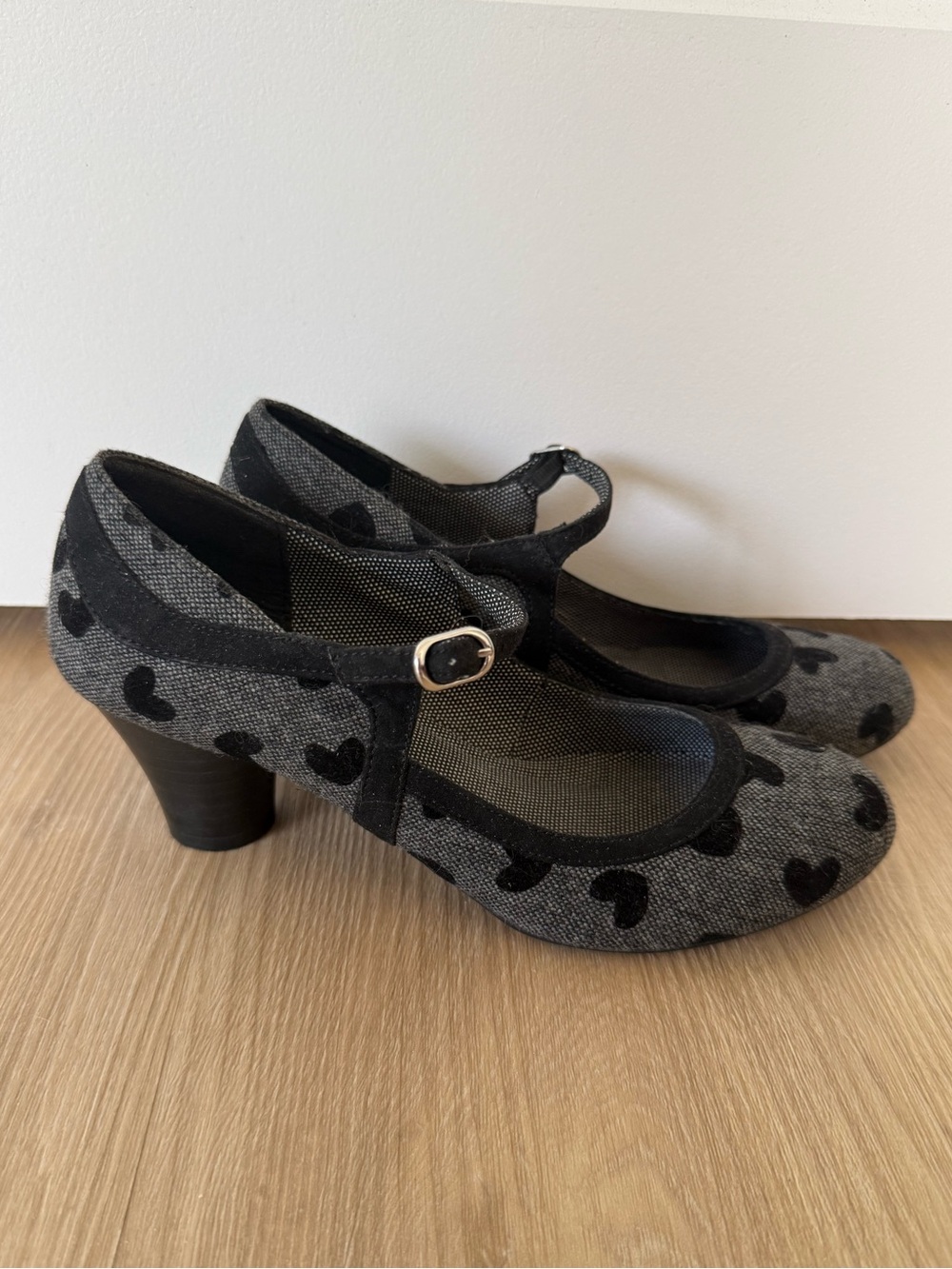 Grey Mary Jane Heels with Black Heart Accent